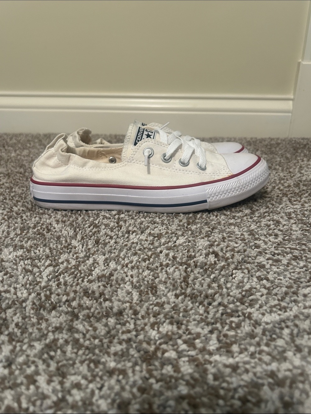 Converse Canvas Low Top Sneakers in Off-White with Red Trim, Elastic Back - Picture 4 of 4